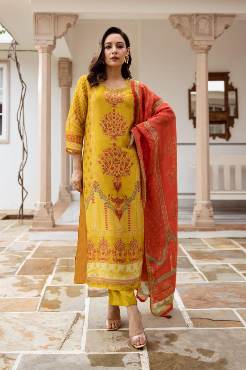 GoSriKi Women's Rayon Viscose Straight Printed Kurta with Pant & Dupatta (CHAMPIKA Yellow-GS_S_Yellow_Small) - Image 5