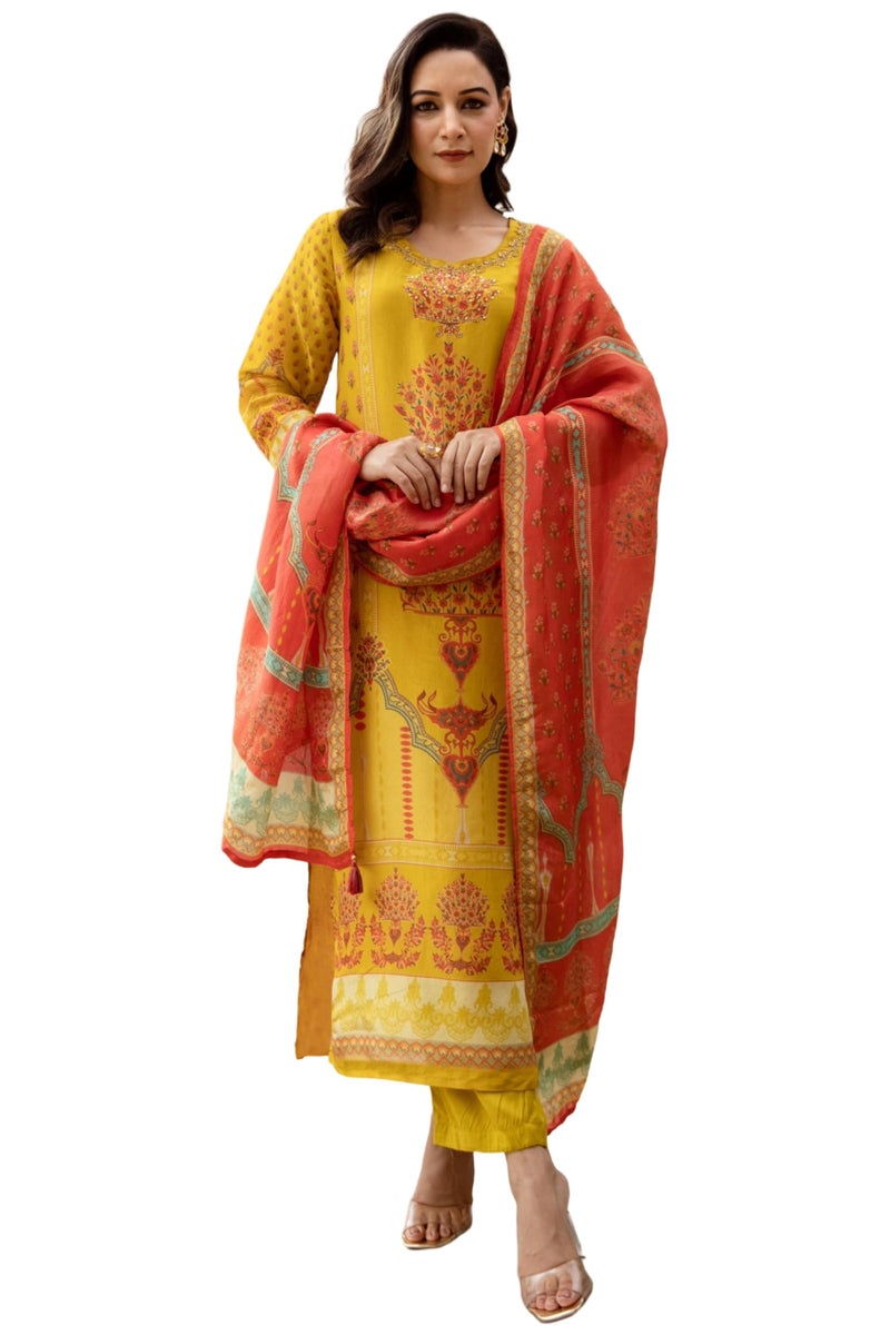 GoSriKi Women's Rayon Viscose Straight Printed Kurta with Pant & Dupatta (CHAMPIKA Yellow-GS_S_Yellow_Small) - Image 1