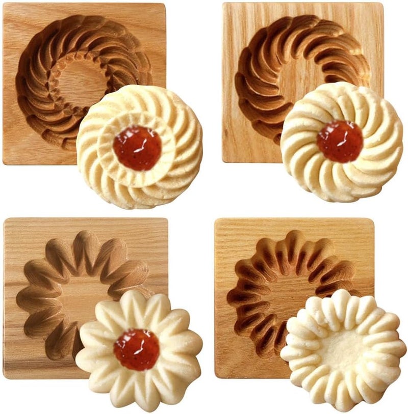 Yangshine 4 Pieces Wooden Cookie Molds Cookie Carved Wood Mold DIY Cookie Stamp Cookie Cutter Funny 3D Press Embossing Mould for Christmas Baking Tool Sandwich Style - Image 1