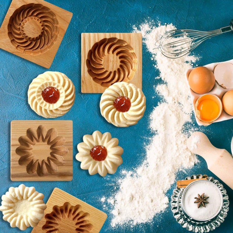 Yangshine 4 Pieces Wooden Cookie Molds Cookie Carved Wood Mold DIY Cookie Stamp Cookie Cutter Funny 3D Press Embossing Mould for Christmas Baking Tool Sandwich Style - Image 2