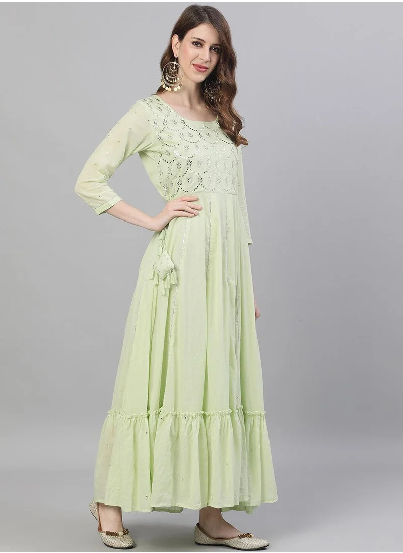 آي شين Women Green Yoke Design Flared Sleeves Mirror Work Kurta