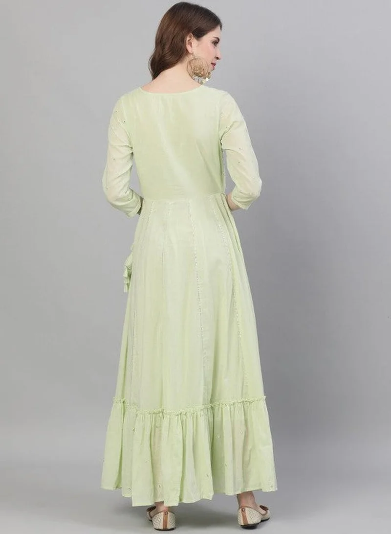 ISHIN Women's Green 100% Cotton Embellished Regular Fit Kurta