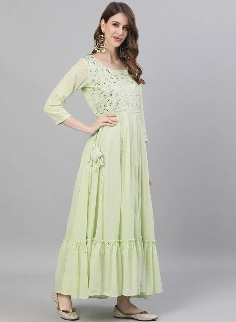 ISHIN Women's Green 100% Cotton Embellished Regular Fit Kurta