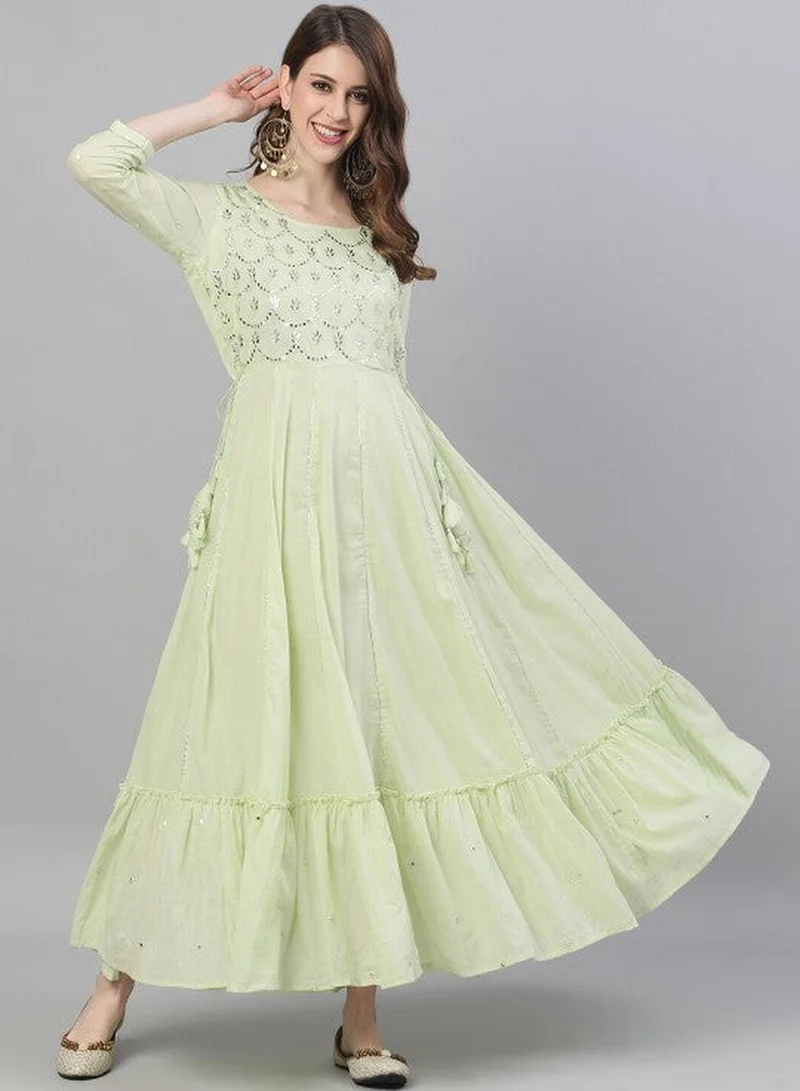 ISHIN Women's Green 100% Cotton Embellished Regular Fit Kurta