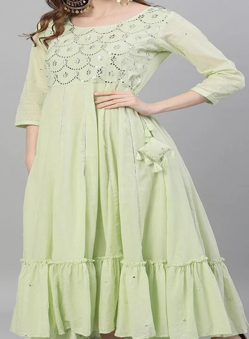 ISHIN Women's Green 100% Cotton Embellished Regular Fit Kurta