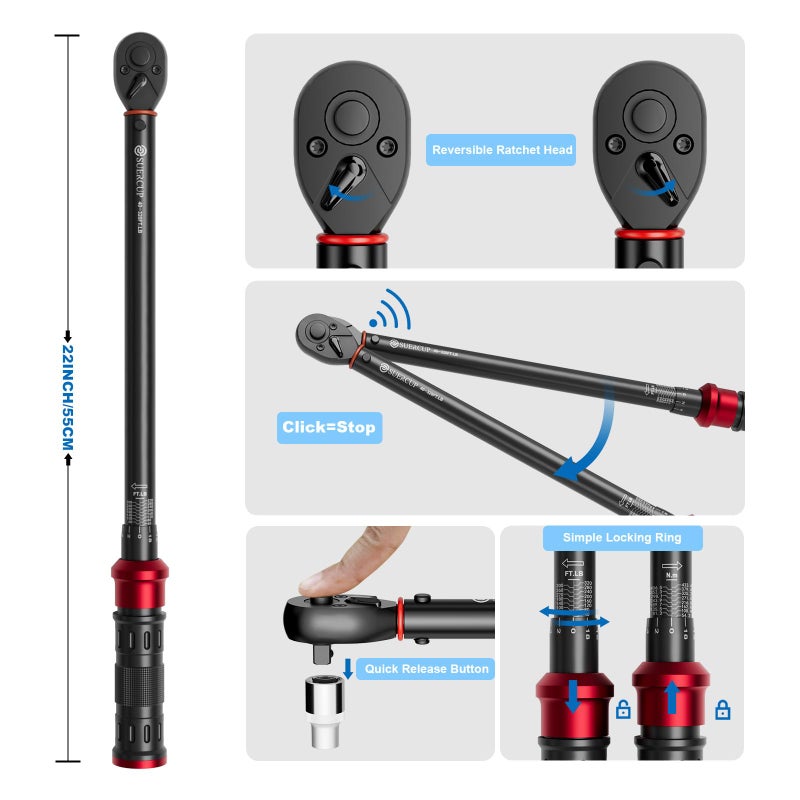 SUERCUP 1/2-Inch Click Torque Wrench- 40-320FT.LB/54.2-433.6Nm Dual-Direction Adjustable 72 Tooth Drive Click Torque Wrench with Storage Case for Product Assembly and Car Repair - Image 4