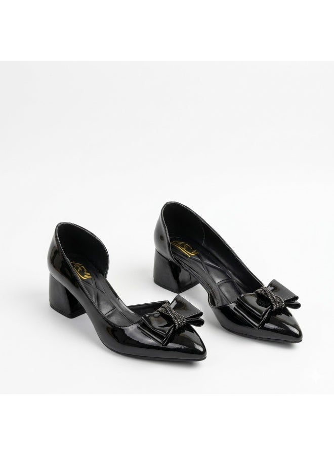 لايف ستيلاش  أحذية بكعب متوسط جلد لامع مع فيونكة GZ-904 - أسود - Image 1