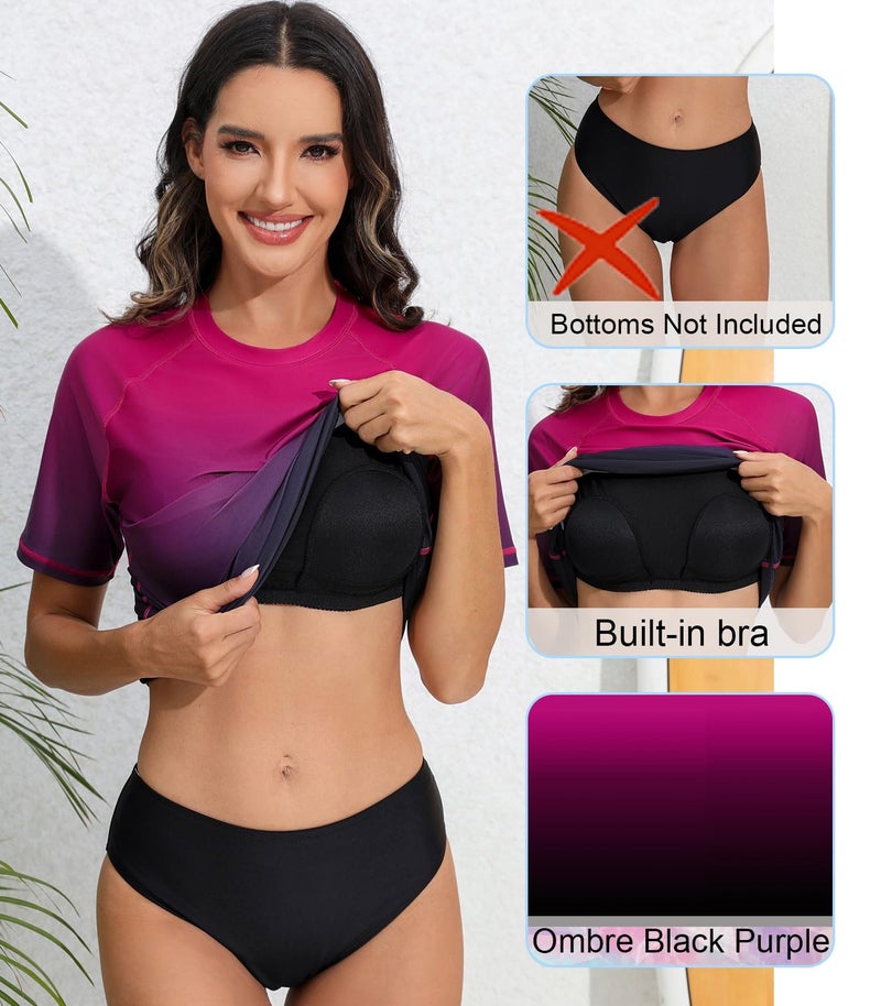 Halcurt Women's Short Sleeve Rash Guard Swimsuit Top with Built in Bra Swim Shirt UPF50+ Quick Dry Bathing Suit Ombre Black Purple 2XL - Image 3