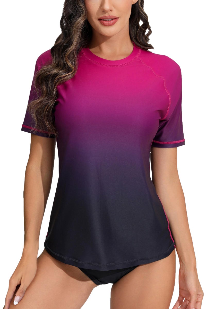 Halcurt Women's Short Sleeve Rash Guard Swimsuit Top with Built in Bra Swim Shirt UPF50+ Quick Dry Bathing Suit Ombre Black Purple 2XL - Image 1