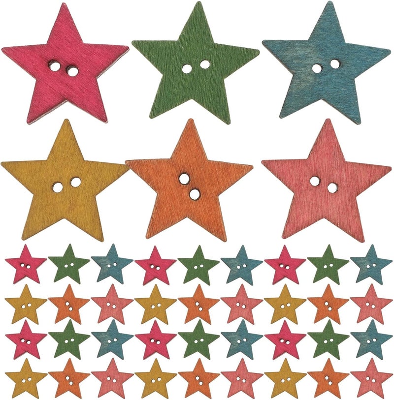 Generic 75pcs Colorful Craft Buttons Star - Handmade Wood Hole Buttons Knitting Sewing Accessories for Christmas Craft DIY Clothing - Image 1