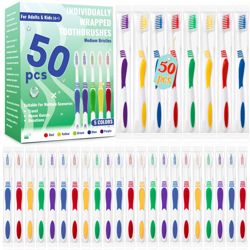Comdian 50 Pcs Toothbrush Bulk Disposable, Travel Toothbrushes Pack, Soft Bristle Individually Wrapped and Good Cleaning for Kids, Adult and The Elderly. Suitable for Hotel, Travel, Home, Donated - Image 1