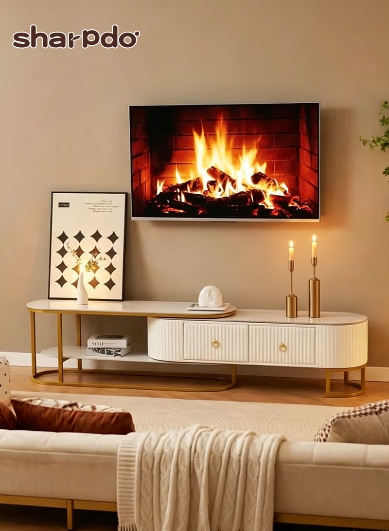 Sharpdo Extendable TV Cabinet Modern Extendable TV Stand with 2 Drawers Adjustable 120‑240CM White Marble Top and Gold Frame Media Console Table for Living Room and Bedroom - Image 1