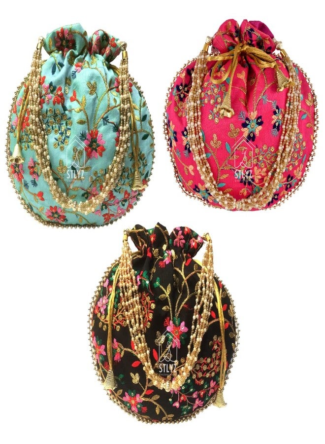 STLYZ Traditional Silk Potli Bag For Women, Embroidered Potli Handbag Wristlets Ethnic Bridal Potli Batwa Bag For Ladies For Wedding Return Gifts (Pack of 3) (NewDesignPotli_Packof3) - Image 1