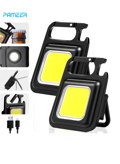2-Set Rechargeable LED Flashlight, Bright Keychain LED Torch, Mini COB Flashlight with 3 Lighting Modes, Portable Pocket Light with Folding Bracket, Bottle Opener, and Magnetic Base for Walking