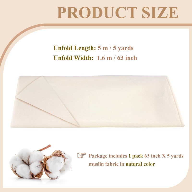 PEASUG 100% Cotton Muslin Fabric, 63 Inch X 5 Yards Unbleached Muslin Linen Fabric by The Yard, Medium Weight Draping Fabrics Suitable for Sewing Embroidery, Garments, Crafts Material-Natural - Image 2