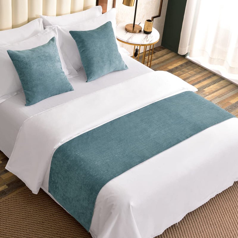 AMBERIS AMBERIS Bed Runner Blue Chenille Soft No Fading Modern Bed Scarf 