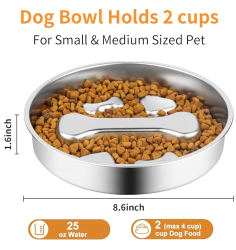Dyienocs Stainless Steel Slow Feeder Dog Bowls,2 Pcs Slow Food Bowl for Dog & Cat - 2 Cups Capacity,Bone-Shaped Design Pet Food Holder,Metal Non-Slip Lick Plate,Puzzle Maze Dish for Small & Medium Sized Breeds - Image 2