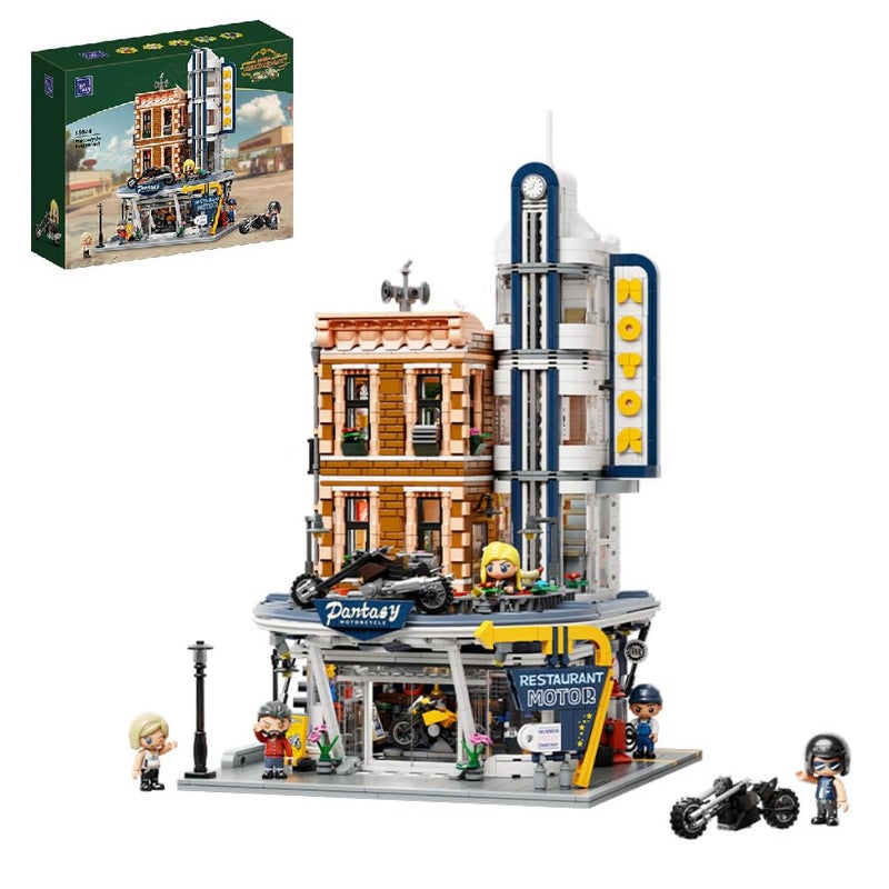 PANTASY Retro Motorcycle Diner & Bar Building Set - Modular Street Corner Architecture Kit with Interactive Doors, Openable Walls, 4 Motorcycles & 5 Exclusive Minifigures for Display & Play - Image 1