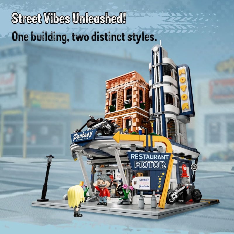 PANTASY Retro Motorcycle Diner & Bar Building Set - Modular Street Corner Architecture Kit with Interactive Doors, Openable Walls, 4 Motorcycles & 5 Exclusive Minifigures for Display & Play - Image 2