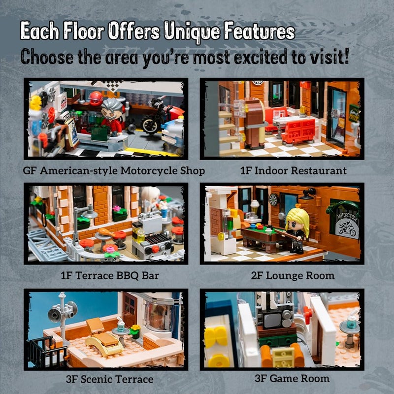 PANTASY Retro Motorcycle Diner & Bar Building Set - Modular Street Corner Architecture Kit with Interactive Doors, Openable Walls, 4 Motorcycles & 5 Exclusive Minifigures for Display & Play - Image 4