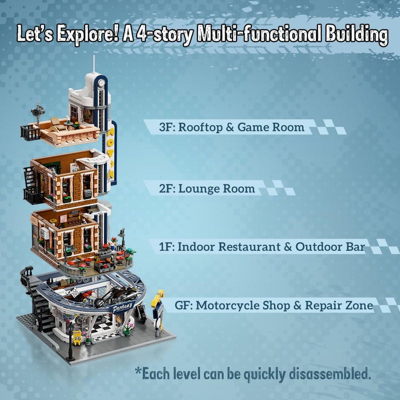 PANTASY Retro Motorcycle Diner & Bar Building Set - Modular Street Corner Architecture Kit with Interactive Doors, Openable Walls, 4 Motorcycles & 5 Exclusive Minifigures for Display & Play - Image 3