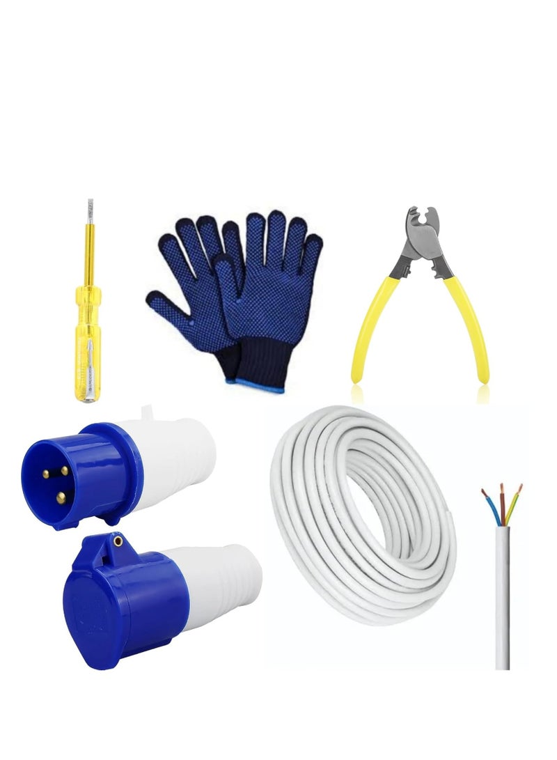 ABBASALI IP44 Industrial16A 230~240V Site Trailing Plug & Socket 3 Pin PCE Weather Proof Industrial Socket With 50Yards Mix Copper 2.5mmX3Core Cable,Tester,Gloves & Cable Cutter Use For Outdoor  - Image 1