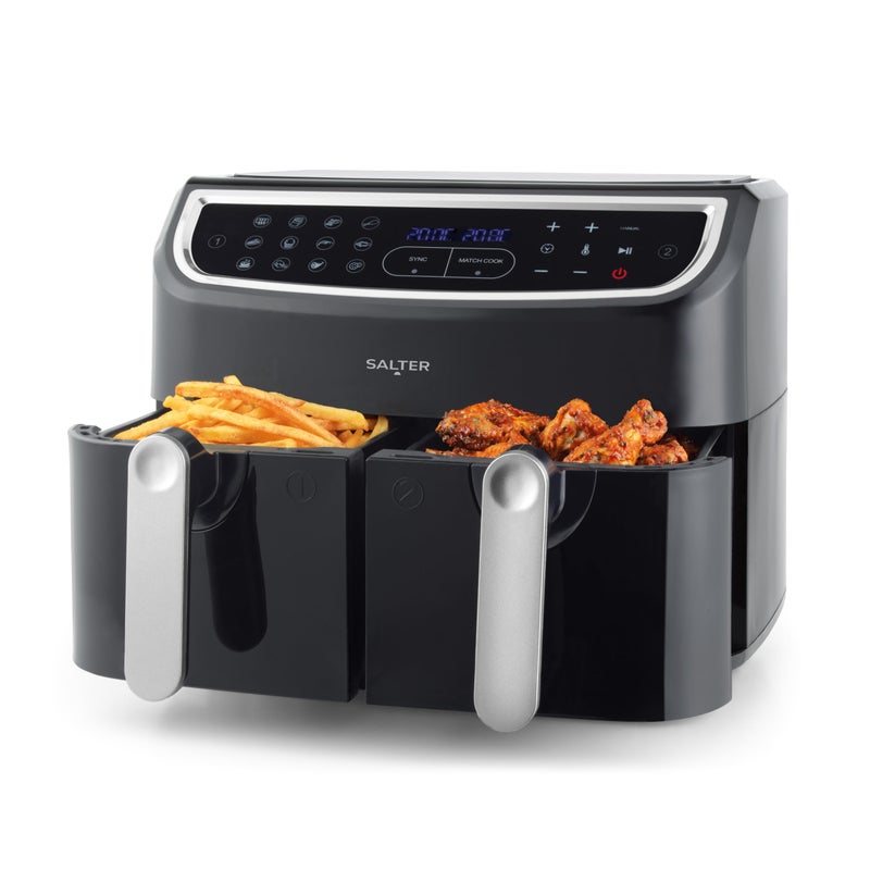 Salter EK4548 Dual Cook Pro Air Fryer With 12 Cooking Functions and Sensor Touch Display  9 Litre  1600 W  2 Frying Racks For Dual Cooking  30 Minute Timer  Adjustable Temperature Control