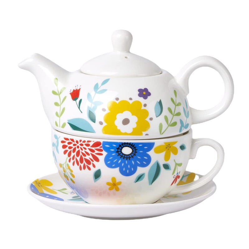 CHILDIKE Tea for One Porcelain Teapot and Cup Set Tea Set for One Floral Teapot Tea Set Gift for Women Garden Spring