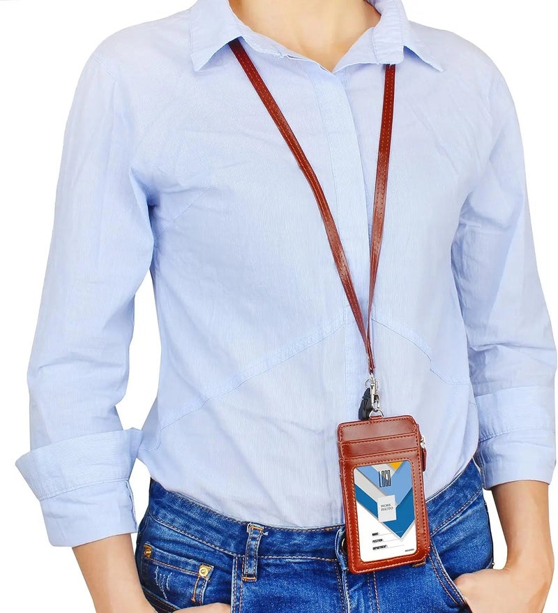 Leather Badge Holder with Lanyard and Retractable Badge Reel, 4 Card Slots ID Card Holder with 1 Zipper Pocket for Office School - Image 3