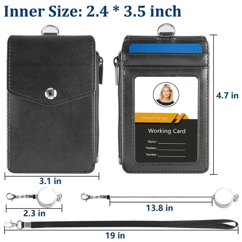 Leather Badge Holder with Lanyard and Retractable Badge Reel, 4 Card Slots ID Card Holder with 1 Zipper Pocket for Office School - Image 4
