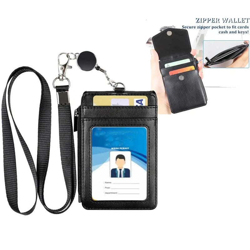 Leather Badge Holder with Lanyard and Retractable Badge Reel, 4 Card Slots ID Card Holder with 1 Zipper Pocket for Office School - Image 2