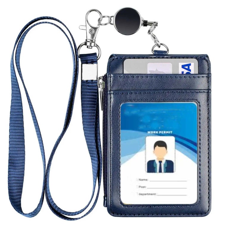 Leather Badge Holder with Lanyard and Retractable Badge Reel, 4 Card Slots ID Card Holder with 1 Zipper Pocket for Office School - Image 1