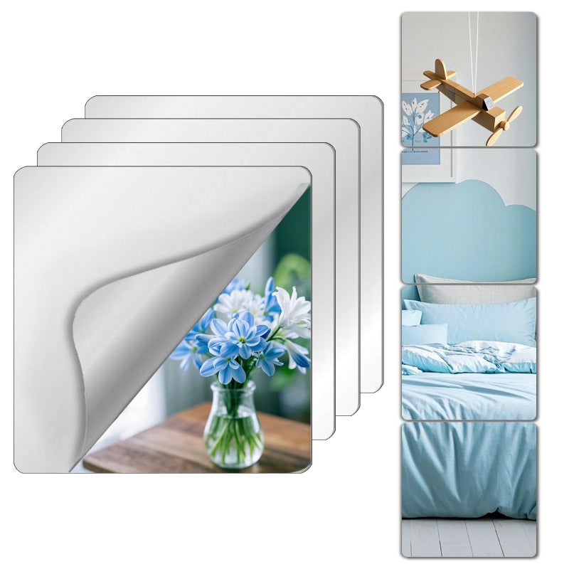 VXKZF Unbreakable Mirror Tiles, 4PCS 10â€x10â€ Peel And Stick on Mirror for Wall Mirrors Decorative, Toddlers for Kids Bedroom, Plastic Gym Frameless Door Small Adhesive Mirrors for Classroom Decor Stickers - Image 1