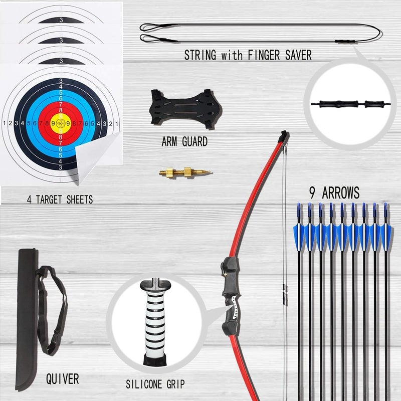 Mxessua 45" Youth Bow and Arrows Set for Kids 8-12 Teens Recurve Archery Beginner Gift Longbow Kit, Outdoor Hunting Play Gift, 9 Arrows, 4 Target Face for Backyard Game Age 12-14 14-16 - Image 3