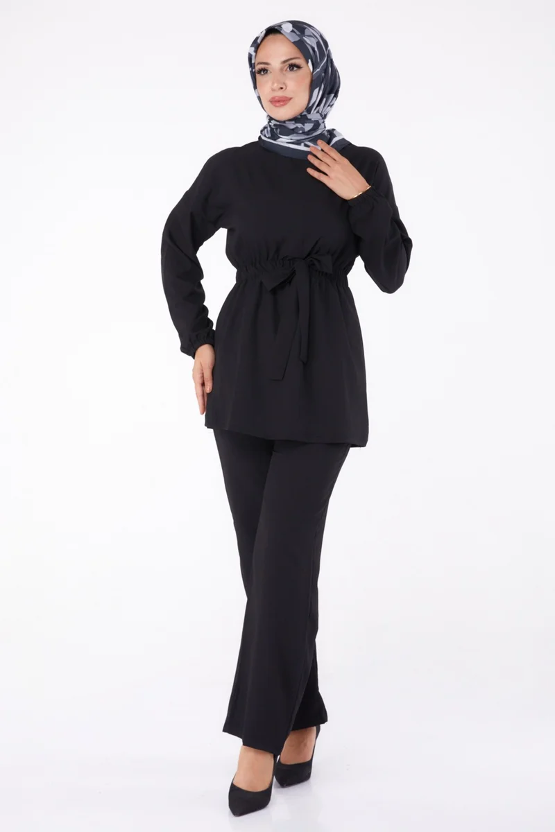 Tofisa Plain Crew Neck Women's Black Tunic Pants - 13058