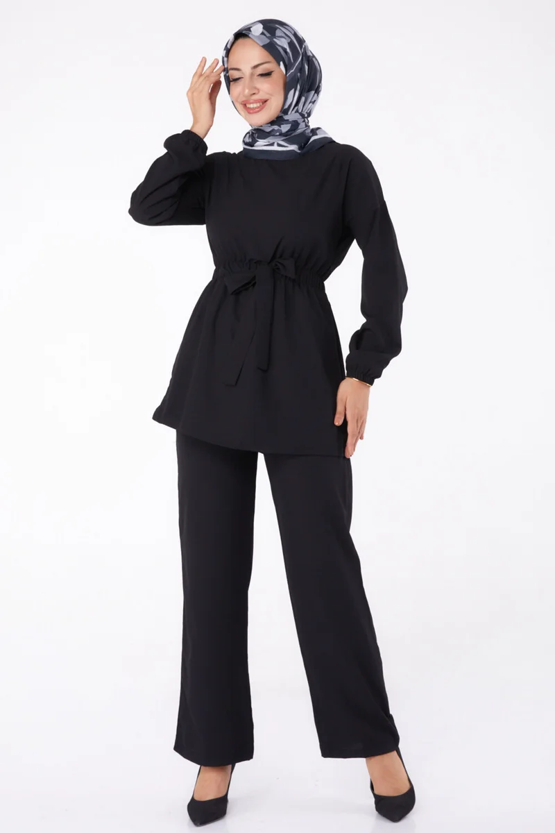 Tofisa Plain Crew Neck Women's Black Tunic Pants - 13058