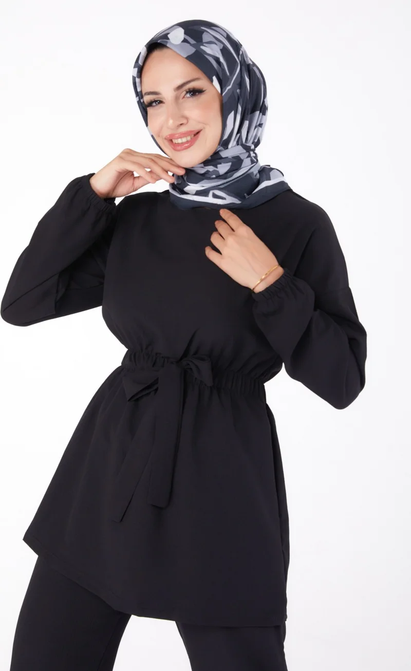Tofisa Plain Crew Neck Women's Black Tunic Pants - 13058