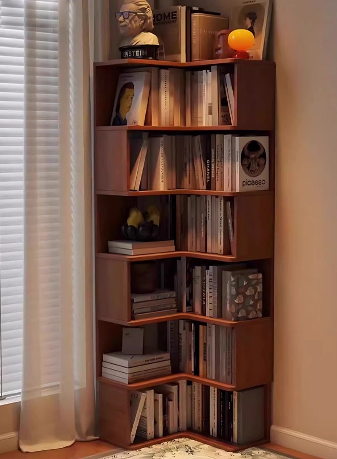 كيكي رف كتب زاوية مدمج مع رف حائطي مصنوع من خشب الجوز البني مقاس 48*48*180 سم - Image 1