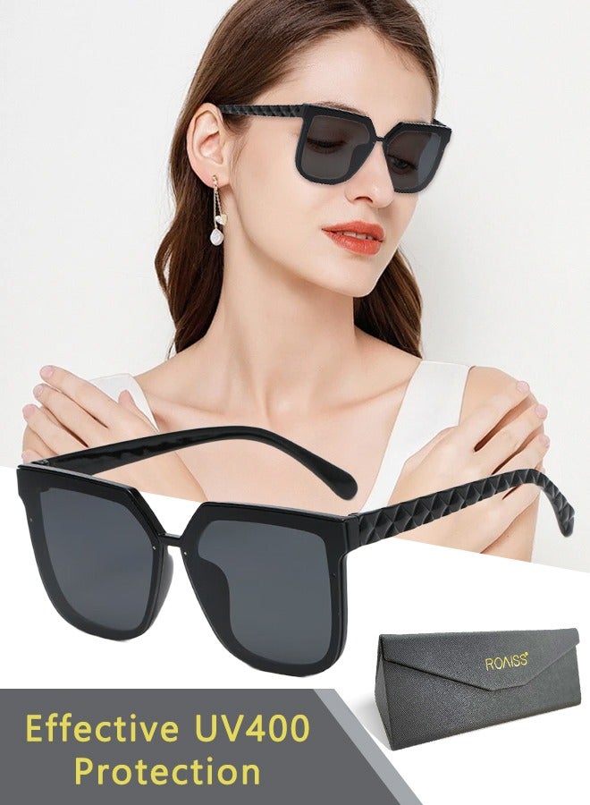 رويس نظارة شمسية مربعة للنساء، نظارة الشمس الواقية من الأشعة فوق البنفسجية 400 مع معابد أنيقة، ظلال شمسية عصرية كبيرة الحجم مضادة للوهج مع حافظة النظارة، 56 مم، أسود لامع - Image 1