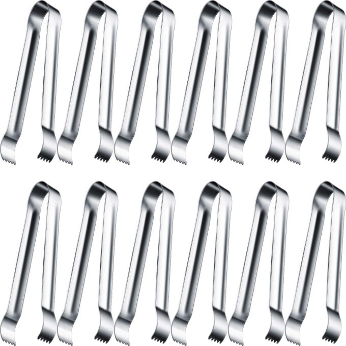 12 PIECES SUGAR ICE TONGS STAINLESS STEEL MINI SERVING APPETIZERS SMALL KITCHEN TONGS FOR TEA PARTY COFFEE BAR KITCHEN SILVER CURVED TIP