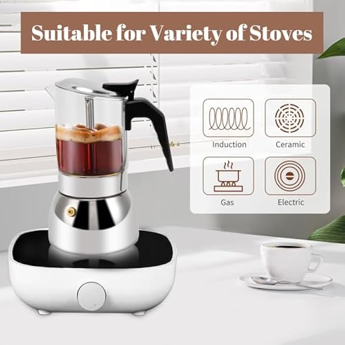 كاست ويف وعاء موكا إسبريسو حثي مصنوع من الفولاذ المقاوم للصدأ المتين مع زجاج كريستالي أنيق وصمام ضغط أمان علوي لتجربة إسبريسو أصلية 200 مل 68 أونصة 200 مل - Image 5