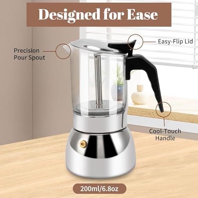 كاست ويف وعاء موكا إسبريسو حثي مصنوع من الفولاذ المقاوم للصدأ المتين مع زجاج كريستالي أنيق وصمام ضغط أمان علوي لتجربة إسبريسو أصلية 200 مل 68 أونصة 200 مل - Image 4