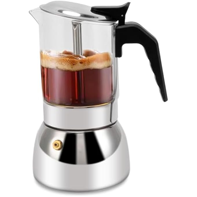 كاست ويف وعاء موكا إسبريسو حثي مصنوع من الفولاذ المقاوم للصدأ المتين مع زجاج كريستالي أنيق وصمام ضغط أمان علوي لتجربة إسبريسو أصلية 200 مل 68 أونصة 200 مل - Image 1