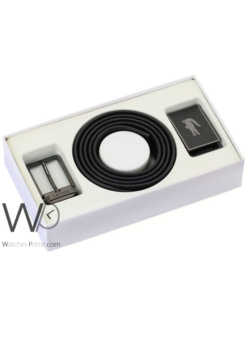 Lacoste For Men Black 2 Buckles Gray Leather Belt Gift Box - Image 1