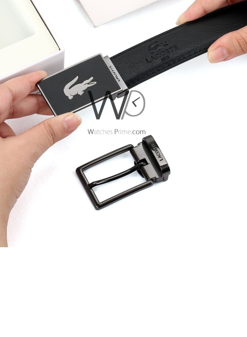 Lacoste For Men Black 2 Buckles Gray Leather Belt Gift Box - Image 2