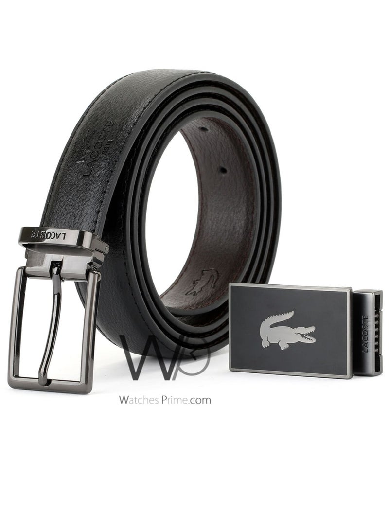 Lacoste For Men Black 2 Buckles Gray Leather Belt Gift Box - Image 3