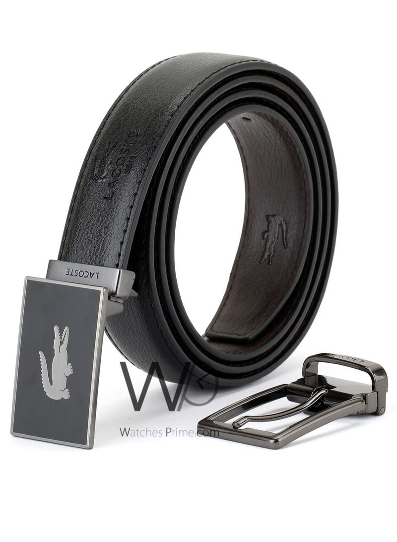 Lacoste For Men Black 2 Buckles Gray Leather Belt Gift Box - Image 4