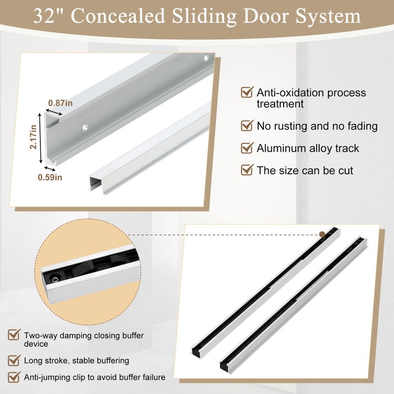 Souyou طقم أدوات باب حظيرة منزلق مخفي 32" مع آلية إغلاق ناعمة للأبواب 24"-28" - تركيب على الحائط بدون مسار أرضي من الألمنيوم للأبواب الخشبية الداخلية طقم أدوات باب حظيرة مخفي (الباب غير مشمول)  - Image 3
