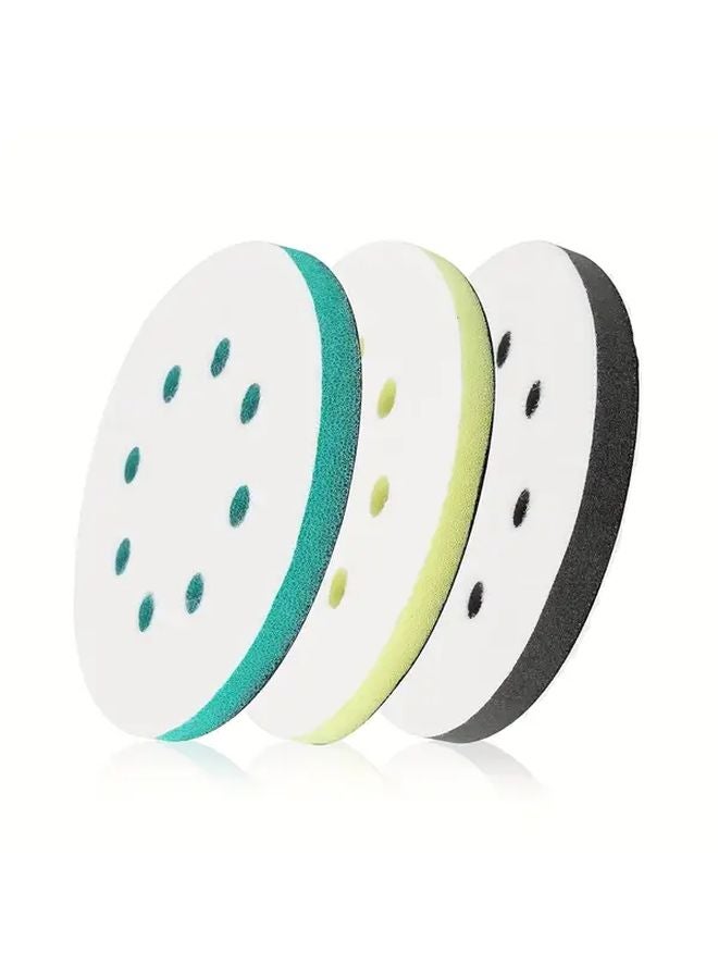 3 قطع وسادات سنفرة 5 بوصة 8 فتحات ذات خطاطيف وحلقات باللون الأخضر والأصفر والأسود لتلميع السيارات والخشب - Image 2
