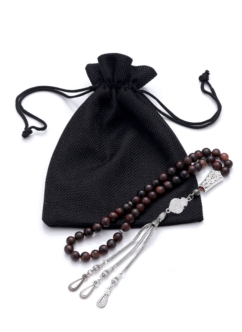 Subhati Prayer Beads (Misbah) with metal Parts and Red Tiger Eye Stone | 8 MM Beads - 45 Pcs | Gandeel writing 2  - Image 3
